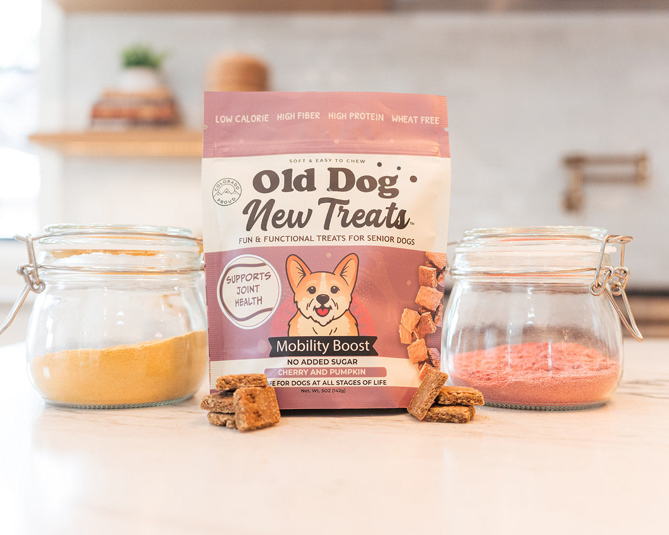 Mobility Boost functional soft treats for senior dogs by Old Dog New Treats — Marine Omegas, Turmeric, Black Pepper, Tart Cherry, Pumpkin, Rosemary