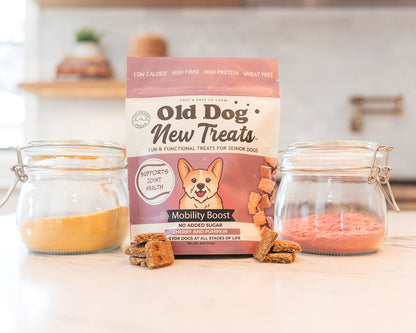 Mobility Boost functional soft treats for senior dogs by Old Dog New Treats — Marine Omegas, Turmeric, Black Pepper, Tart Cherry, Pumpkin, Rosemary