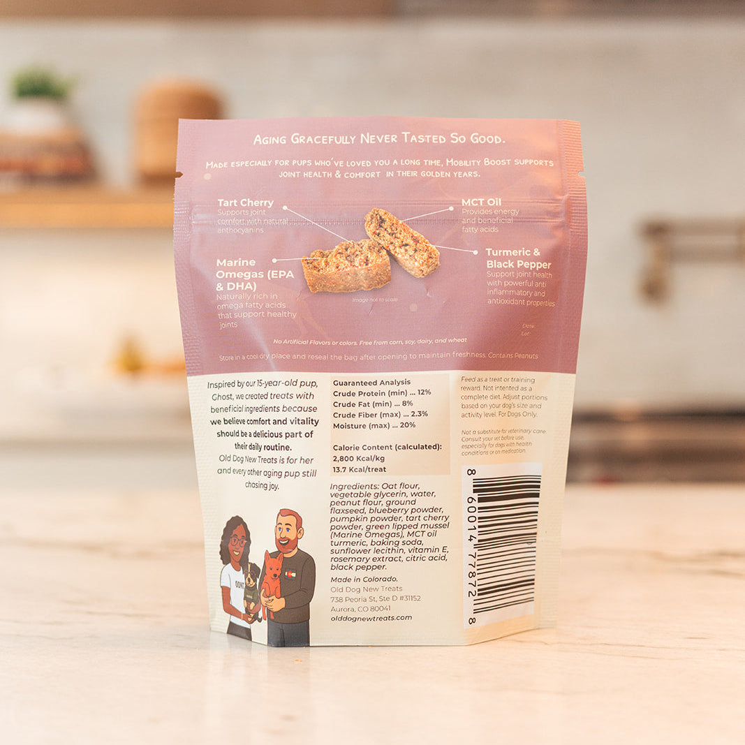 Mobility Boost functional soft treats for senior dogs by Old Dog New Treats — Marine Omegas, Turmeric, Black Pepper, Tart Cherry, Pumpkin, Rosemary