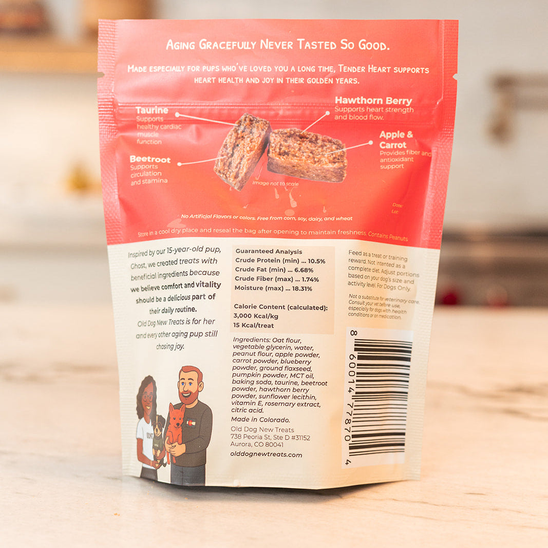 Tender Heart functional soft treats for senior dogs by Old Dog New Treats — Hawthorn Berry, Taurine, Beetroot, Apple, Carrot, Rosemary